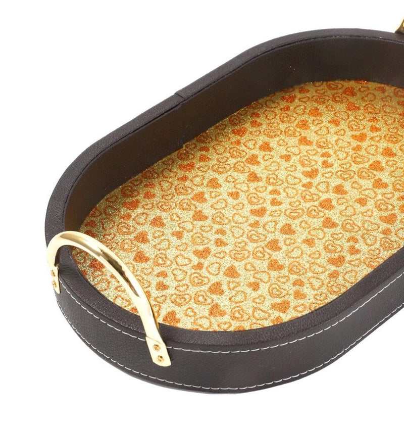 Deco Leather Oval Serving Tray Set of 2 Pcs Metal Handles 34.5*22/39*26.5 cm