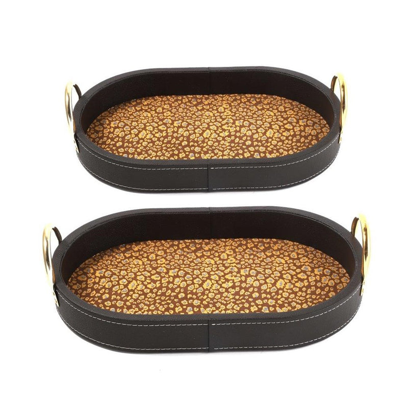 Deco Leather Oval Serving Tray Set of 2 Pcs Metal Handles 39*27/34.5*22.5 cm