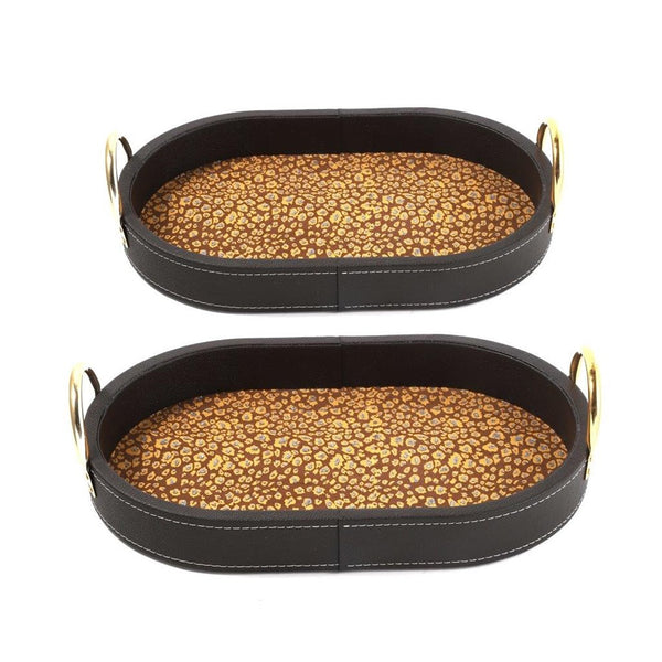 Deco Leather Oval Serving Tray Set of 2 Pcs Metal Handles 39*27/34.5*22.5 cm