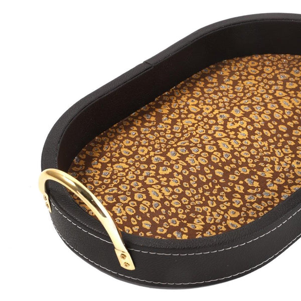 Deco Leather Oval Serving Tray Set of 2 Pcs Metal Handles 39*27/34.5*22.5 cm
