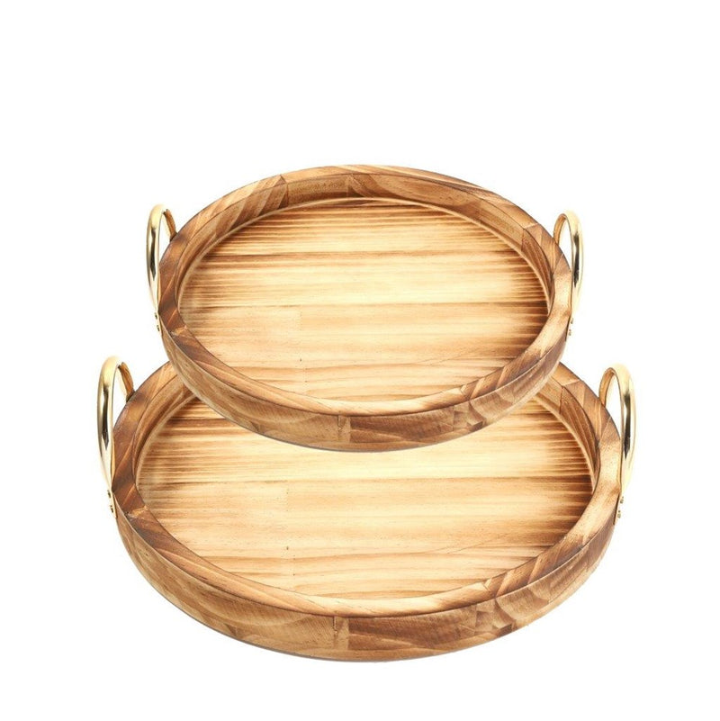 Deco Timber Pattern Round Serving Tray Set of 2 Pcs Metal Handles 34*34*6.5/29*29*6.5 cm