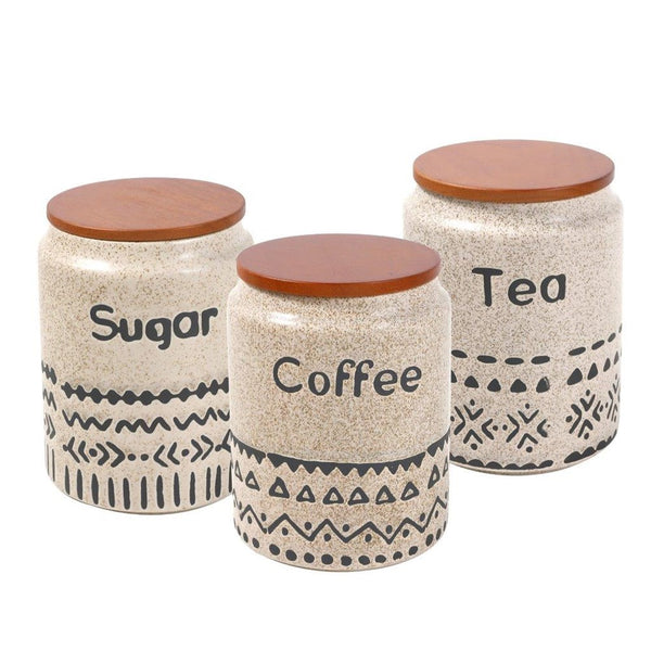 Ceramic Tea Coffee Sugar Airtight Canister Bamboo Lid Abstract Print Set of 3 Pcs 10*14.5 cm