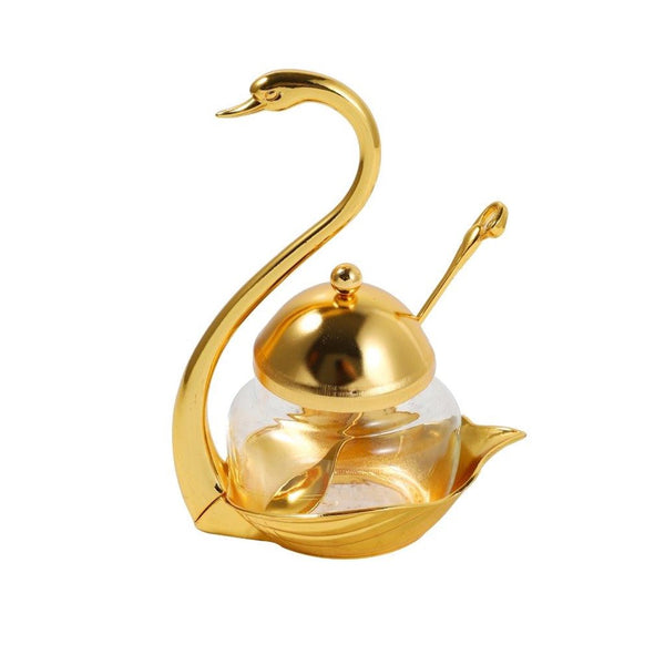 Stainless Steel Gold Swan Condiment Jar Seasoning Container with Spoon 15.5 cm