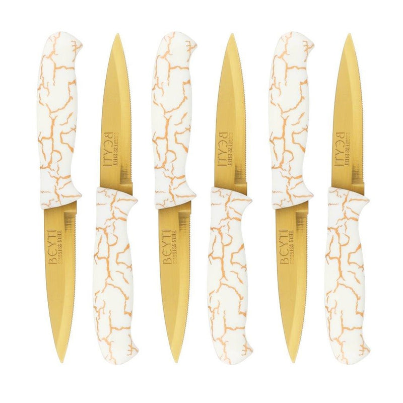 Stainless Steel Gold Fruit Knife Mosaic Pattern Plastic Handle Set of 6 19.5 cm