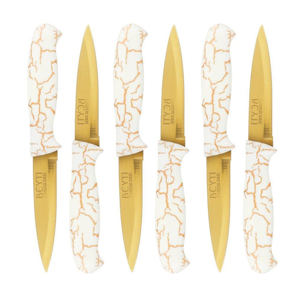 Stainless Steel Gold Fruit Knife Mosaic Pattern Plastic Handle Set of 6 19.5 cm