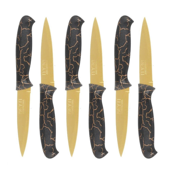 Stainless Steel Gold Fruit Knife Mosaic Pattern Plastic Handle Set of 6 19.5 cm