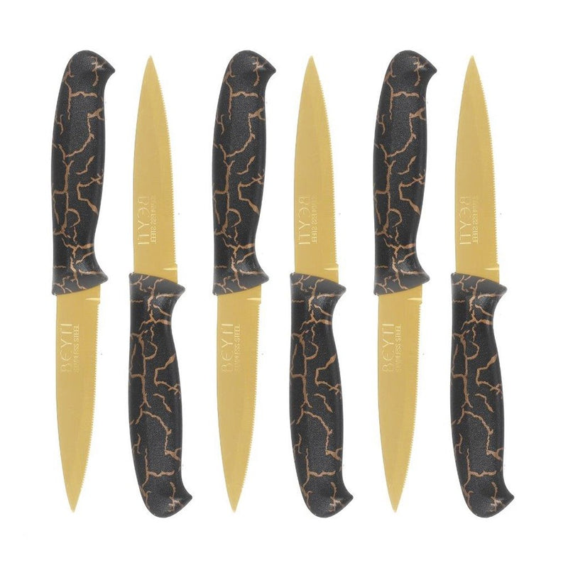 Stainless Steel Gold Fruit Knife Mosaic Pattern Plastic Handle Set of 6 19.5 cm