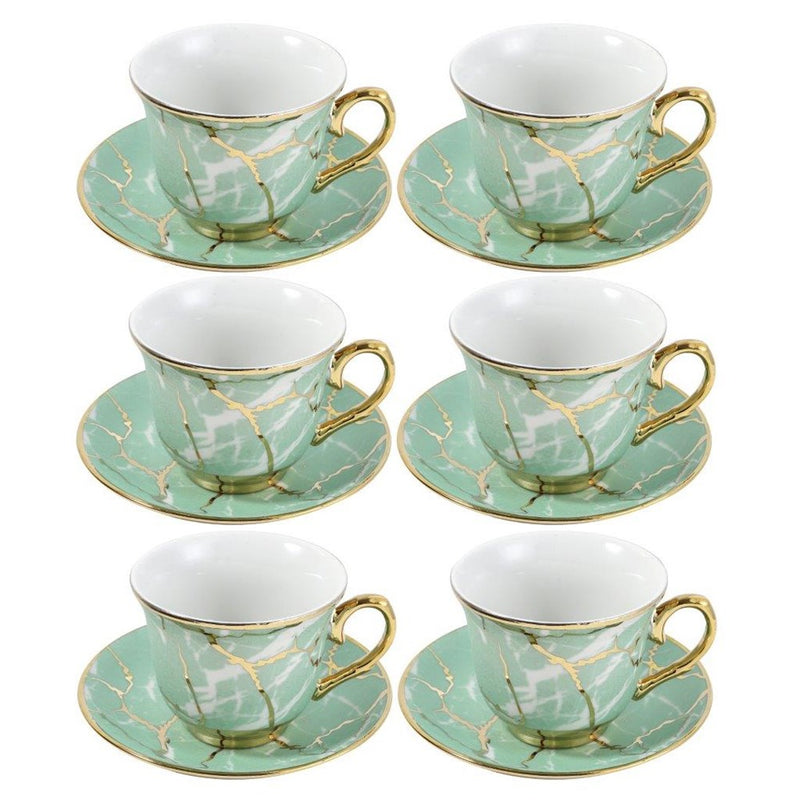 Ceramic Tea Cup and Saucer Set of 6 Pcs Blue Floral Design Cup 7.5*9 cm Saucer 14 cm
