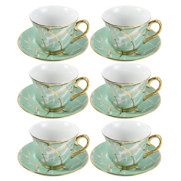 Ceramic Tea Cup and Saucer Set of 6 Pcs Blue Floral Design Cup 7.5*9 cm Saucer 14 cm