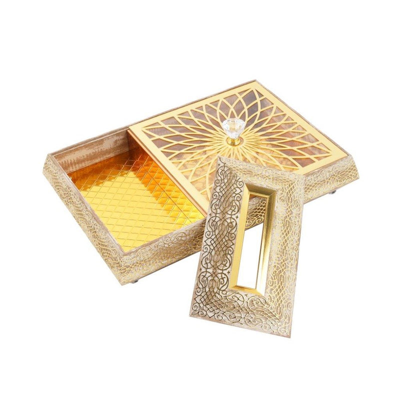 Engraved Deco Gold Candy Box Nuts and Chocolates Serving Tray 2 Compartments with Lid 35.5*24*6.5 cm
