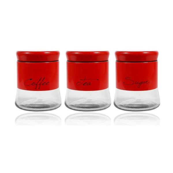 Red Plastic Glass Base Canister Tea Sugar Coffee Set of 3 13*10 cm