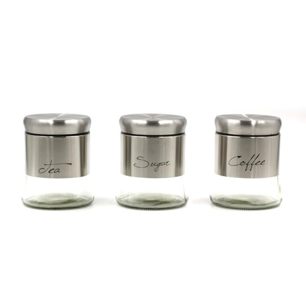 Stainless Steel Plastic Glass Base Canister Tea Sugar Coffee Set of 3 13.5*10 cm