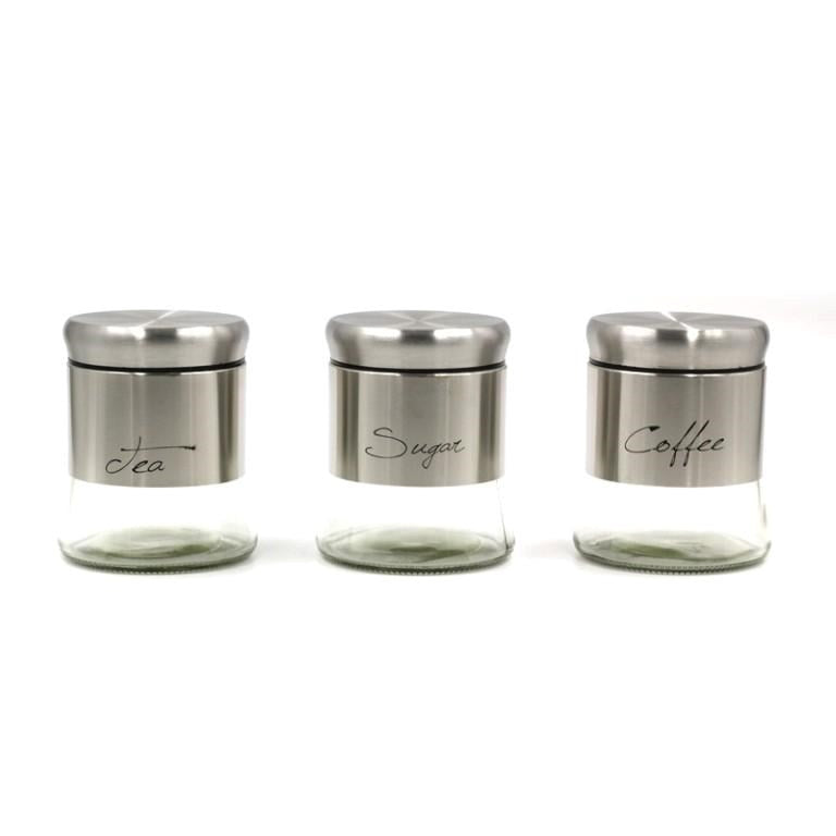 Stainless Steel Plastic Glass Base Canister Tea Sugar Coffee Set of 3 13.5*10 cm