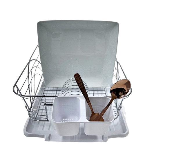 Dish Rack with White Plastic Tray and Cup Holder Chrome Plated High Quality 44*34*14 cm