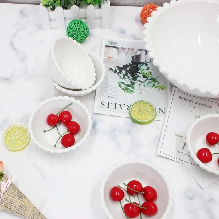 White Ceramic Dessert Serving Bowl with Dips and Nut Bowl Set of 7,Round Plate-10", Round Bowl-4.5" Inch.